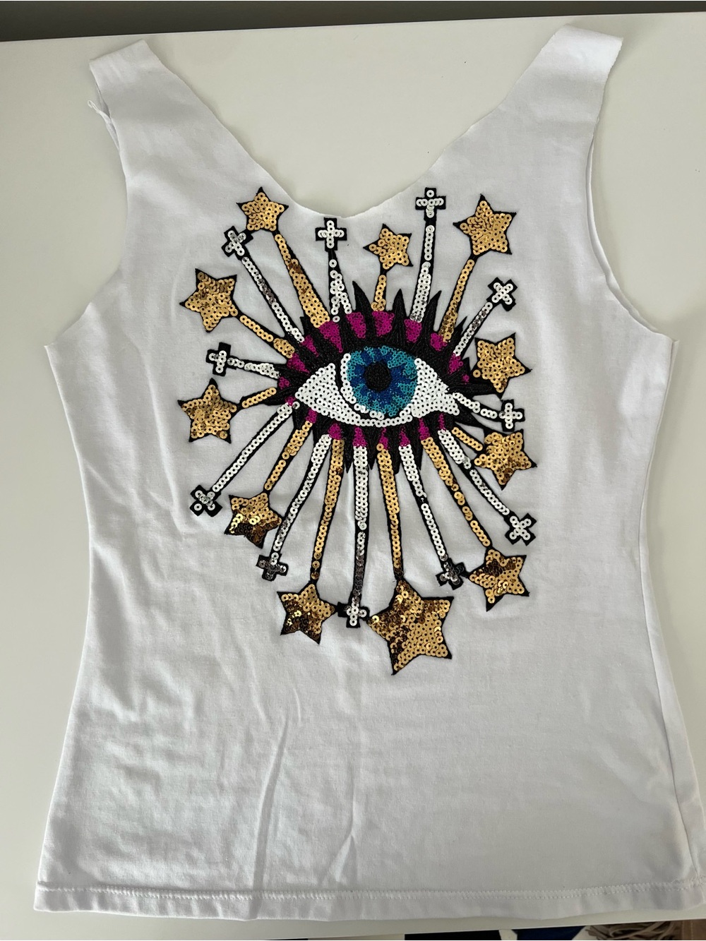 White Sequin Eye Graphic Tank Top